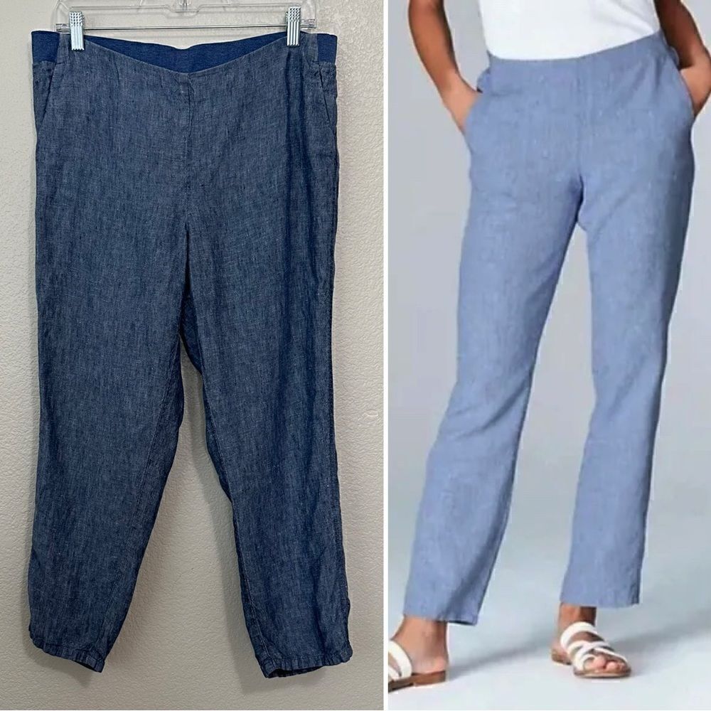 J. Jill 100% Linen Blue Chambray Pull On Ankle Pants, Sz Medium